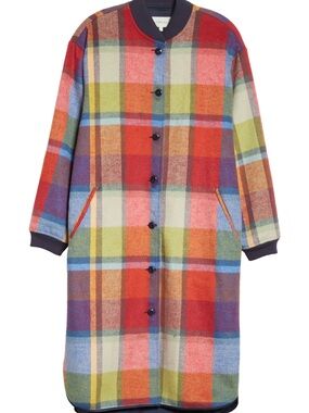 The Great Long Bomber Wool Trench Coat Jacket in Bright Mixed Plaid